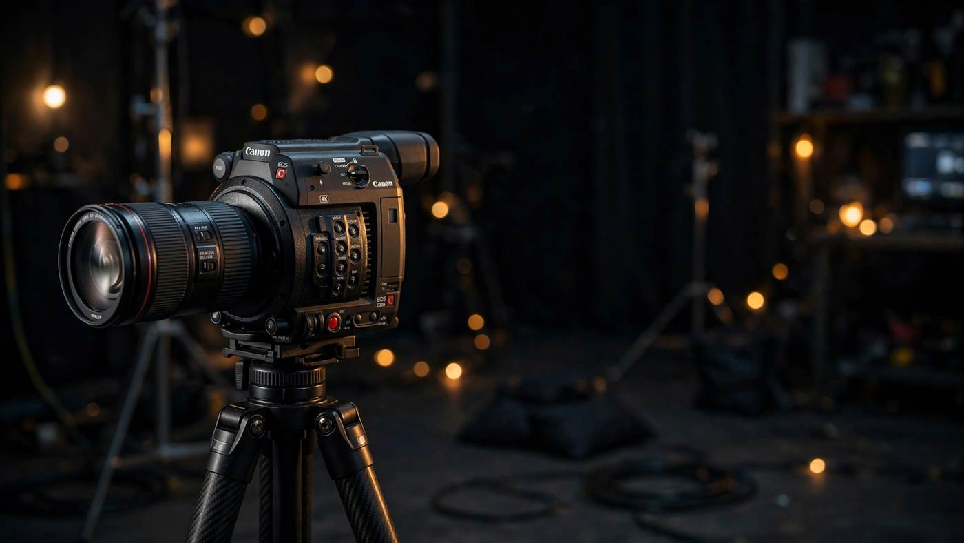 Professional cinema camera on a lit film set